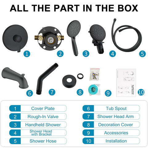 All parts of Matte Black Shower System With Tub Spout And 2 In 1 Rainfall Head With Handheld, 3 Way Diverter Valve Kit