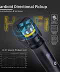 Close-up of Wireless Karaoke Microphone System for Singing's cardioid mic highlighting mesh head, pickup sensor, and noise reduction features.