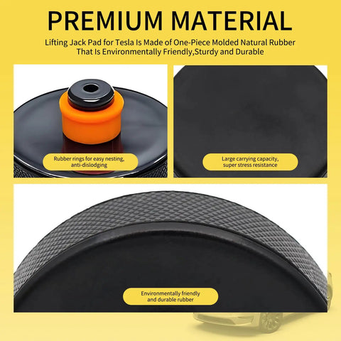 Close-up of Tesla Model Y S X 3 Jack Pad Kit with four rubber pads, highlighting premium material and anti-dislodging feature.