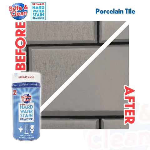 Before and after of porcelain tile cleaned by Ultimate Hard Water Stain Remover For Glass And Shower Doors That Actually Works.