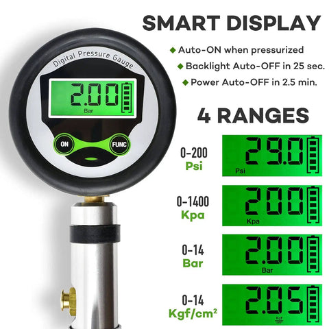Digital Bicycle Tire Inflator Gauge With Auto Select Valve Head For Presta And Schrader, smart display with pressure readout