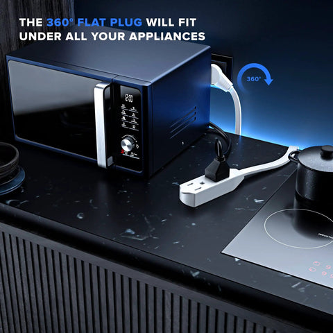 25 Foot 360 Degree Rotating Flat Plug Extension Cord With Three Outlets next to kitchen appliances.