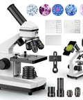Compound Microscope Kit For Adults And Students With 100X-2000X Magnification, showing slides, lenses, and phone adapter, white.
