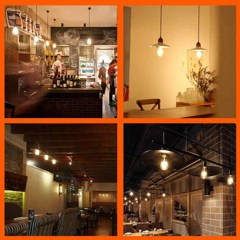 Vintage Edison LED Bulbs 60W Equivalent E26 Base 2700K Soft White Dimmable Amber Glass ST64 lighting in cozy dining settings.