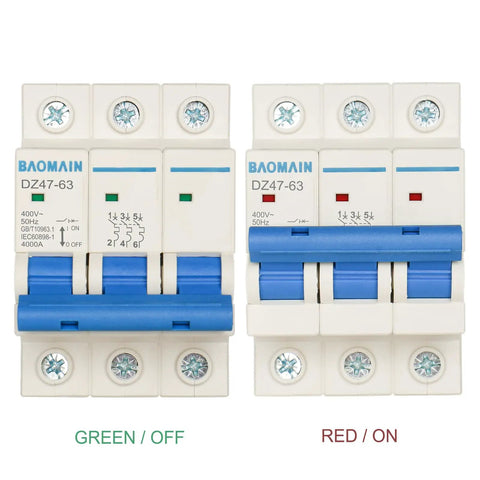 Front view of Two Three Pole 3 Amp DZ47-63 C3 Miniature Circuit Breakers For DIN Rail Mount 400V AC Distribution