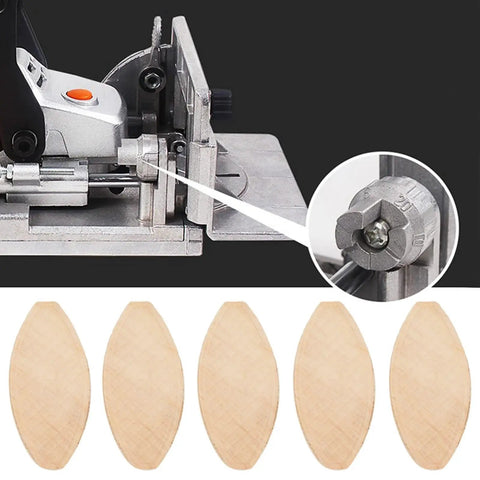 Solid Beech Wood Oval Joiner Biscuits 20 Piece Set with close-up of adjustable joiner tool.