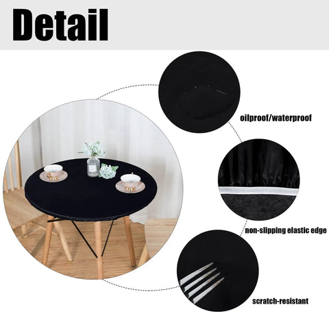 Round Fitted Tablecloth With Elastic Edge, 100 Percent Waterproof Plastic Cover, Vinyl Flannel Backed Table Protector For Indoor Outdoor Use, Snug Fit Wont Slip On 45 To 56 Inch Round Tables, Black detail view with elastic edge and waterproof features.