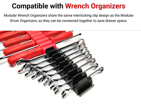 40 Tool Modular Driver Organizer Set Red ODM91240 Made In USA Keeps Each Driver In Its Own Slot For Neat Drawers And Quick Access In Your Workshop Or Tool Chest, with wrenches visible in connected slots.