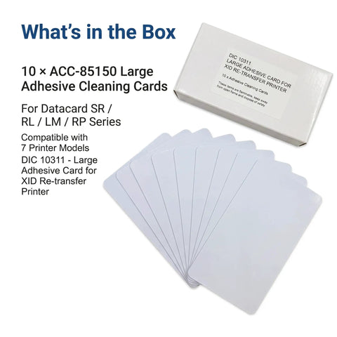 Keep Your Card Printer Runnin Smooth These Adhesive Cleaning Cards Ditch Dust Lint Roller Gunk Quick Fix For Datacard SR200 SR300 RL90 LM200 LM300 RP90 Plus Models Pack Of Ten Solid Tech Gear showing 10 large adhesive cleaning cards in a box.