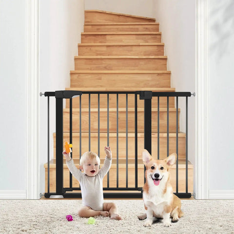 Adjustable Baby Gate For Stairs And Doorways, 30 Inches Tall, installed with baby and dog, showing auto-close feature, wood and metal design.