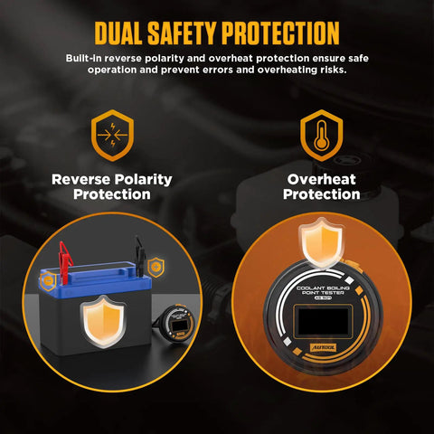 Dual safety protection features including reverse polarity and overheating warnings for coolant boiling point tester.