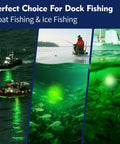 Underwater Green Fishing Light IP68 1300 Lumen Compatible With DC 12 To 24V And AC 12 To 36V 13W used in fishing scenes.