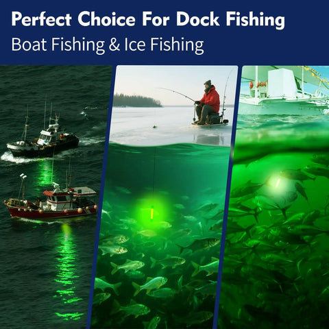 Underwater Green Fishing Light IP68 1300 Lumen Compatible With DC 12 To 24V And AC 12 To 36V 13W used in fishing scenes.