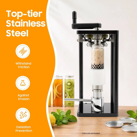 Heavy Duty Manual Cup Sealer For Soda And Tin Cups Knocks Spills Flat, featuring stainless steel design and operational handle