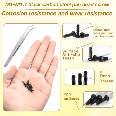 Hand holding 1500 Pcs Tiny Micro Repair Screws Set Black Carbon Steel Phillips Pan Head M1 To M1.7 Assortment with tweezers
