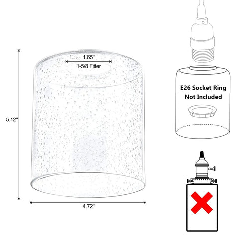 Diagram of Four Pack Clear Seeded Glass Shades For Pendant Lights And Chandeliers, showing dimensions and socket ring exclusion.
