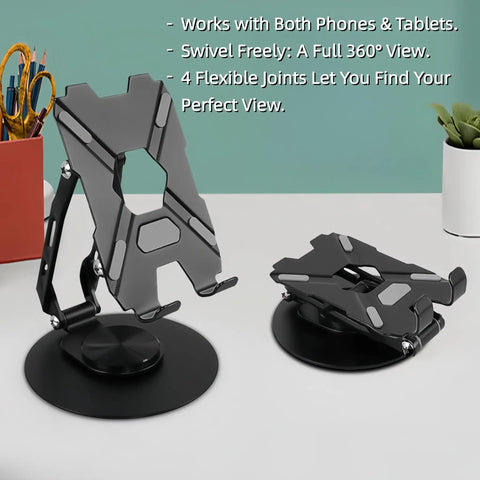Built Different All Metal Cell Phone Stand 360 Degree Rotatable Height Adjustable, showing black aerospace alloy design for phones and tablets.