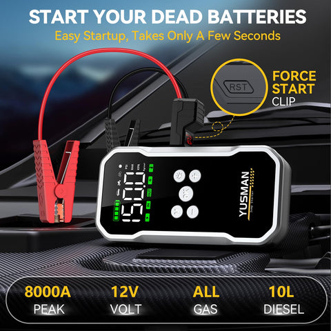 Beast 8000A Jump Starter With Air Compressor And 160 PSI showing digital display and smart jump cables on car hood