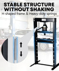 Heavy Duty 20 Ton H Frame Hydraulic Shop Press With Adjustable Table Steel Frame showcasing stable H-shaped frame and heavy-duty springs.