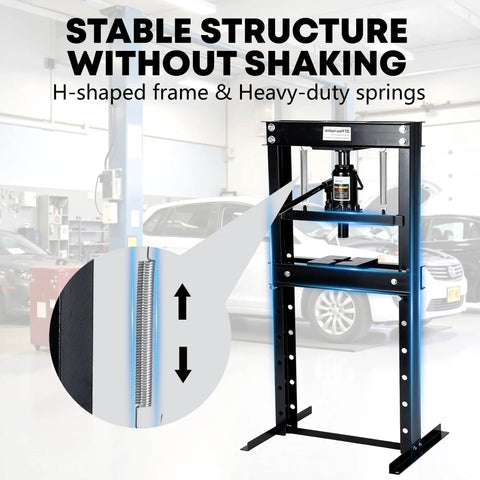 Heavy Duty 20 Ton H Frame Hydraulic Shop Press With Adjustable Table Steel Frame showcasing stable H-shaped frame and heavy-duty springs.