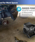 Black High Velocity Floor Fan 15 Inch Blower With 375 CFM Pivoting Utility Air Mover in a garage setting for drying floors