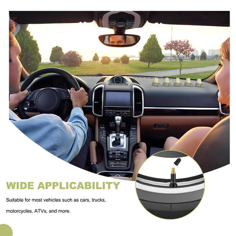 Interior view of a car with wide applicability of 4 Pack Tire Valve Stems 20008 Rubber Snap In Tubeless Airtight Fit display.