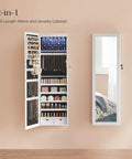 Straight Up Premium Wall Or Door Mounted Jewelry Cabinet With Full Length Mirror Six Auto LED Lights Lockable Vanity Organizer To Keep Your Bling Safe In Fresh White displaying jewelry inside and mirror on the side.