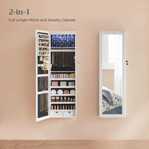 Straight Up Premium Wall Or Door Mounted Jewelry Cabinet With Full Length Mirror Six Auto LED Lights Lockable Vanity Organizer To Keep Your Bling Safe In Fresh White displaying jewelry inside and mirror on the side.