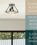 14-Inch 3-Light Rustic Farmhouse Flush Mount Ceiling Light With Metal Shade In Smoked Birch Finish, Open Shade Design indoors