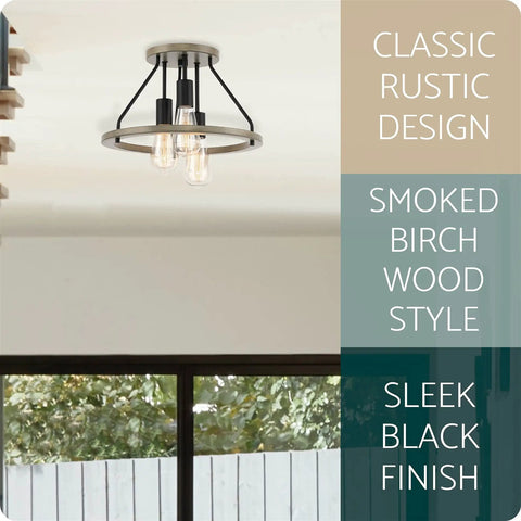 14-Inch 3-Light Rustic Farmhouse Flush Mount Ceiling Light With Metal Shade In Smoked Birch Finish, Open Shade Design indoors