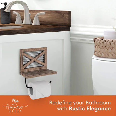 Rustic Farmhouse Toilet Paper Holder With Shelf For Wipes Wall Mounted Brown Wood With Weathered Wood And Galvanized Metal