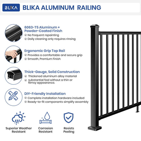 Heavy Duty Aluminum Deck Railing Kit With Adjustable Brackets For Stairs Or Flat Decks Comes Loaded With All Hardware For No Sweat Setup and Ergonomic Grip Top Rail.