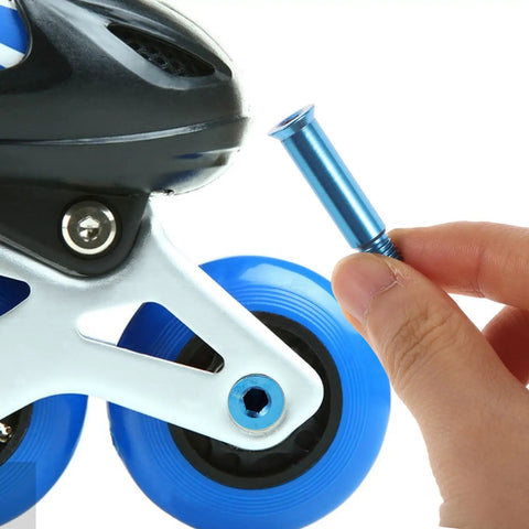Durable Blue Alloy Skateboard Axle Screw Replacement Kit For Inline Roller Skates, blue metal bolt shown near wheel