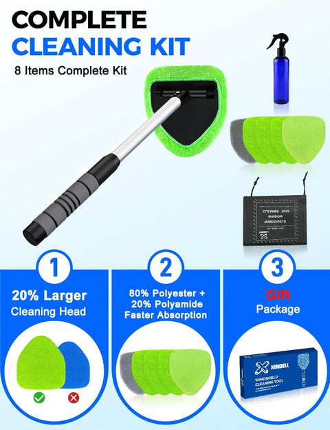 Extendable Interior Windshield Cleaner Tool With Four Plush Microfiber Pads For Streak Free Car And Home Window Detailing That Pulls Double Duty Without Any Sweat cleaning kit with spray bottle and pads.