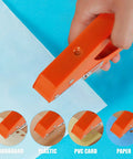 Heavy Duty Kickass Hole Punch Pliers For Adjustable Screw Covers And Edge Banding With Precision Limit Drill Bit For Leather PVC And Thick Paper Projects in use on multiple materials.