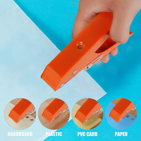 Heavy Duty Kickass Hole Punch Pliers For Adjustable Screw Covers And Edge Banding With Precision Limit Drill Bit For Leather PVC And Thick Paper Projects in use on multiple materials.