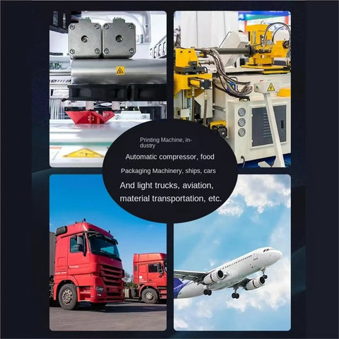 Collage of industrial equipment, truck, and airplane illustrating printing, packaging, and transportation machinery applications.