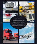 Collage of industrial machinery, red trucks, and airplane illustrating applications of heavy-duty CNC ball screws in various industries.