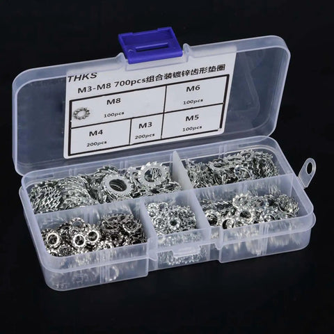 Heavy Duty Galvanized Serrated Lock Washer Set 700-Piece Fastening Kit open box with M3-M8 sizes visible.