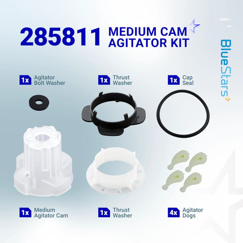 285811 Medium Cam Agitator Kit for Whirlpool; includes cam, bolt washer, 2 thrust washers, cap seal, 4 agitator dogs