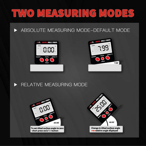 Digital Angle Finder Magnetic With Case And Backlit LCD For Table Saw Woodworking And Construction IP54 Rating Precision To 0.2 Degree displaying absolute and relative measuring modes on screen.