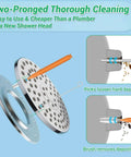 Illustration of shower head with Shower Head Revival All In One Cleaning Kit With 50 Ultra Fine Nylon Brushes And 20 Surgical Steel Picks