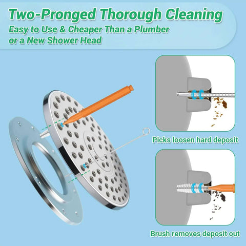 Illustration of shower head with Shower Head Revival All In One Cleaning Kit With 50 Ultra Fine Nylon Brushes And 20 Surgical Steel Picks
