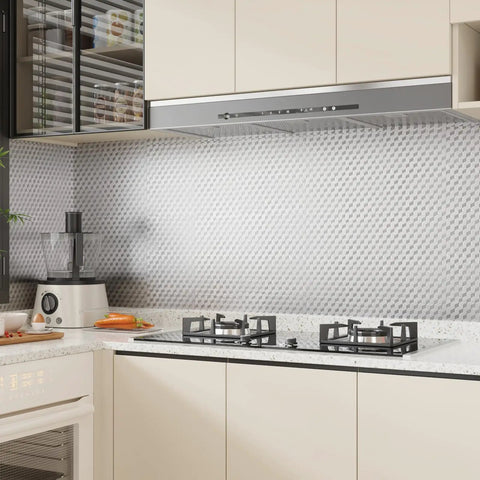 Silver Stainless Steel Contact Paper Easy Peel And Stick Kitchen Backsplash Wallpaper 24 Inch By 354 Inch installed in kitchen