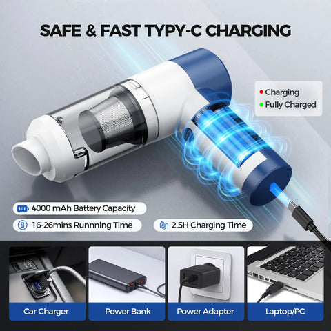 Cordless 4 In 1 Portable Car Vacuum Cleaner With 16000Pa Beast Power, brushless motor charging via USB-C, battery capacity details.
