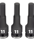 Three Ultra Tough 11mm Impact Hex Bit Socket Allen Driver For Half Inch Drive High Strength Steel to Prevent Rounding