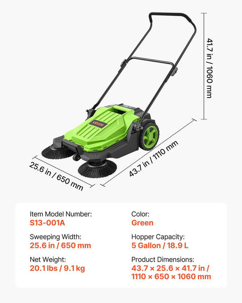 VEVOR Walk-Behind Floor Sweeper With 25.6 Inches Wide Brush And Big Waste Bin Perfect For Picking Up Leaves Grass And Debris From Yards Patios Garages No Battery Or Fuel Needed Super Easy To Push Around