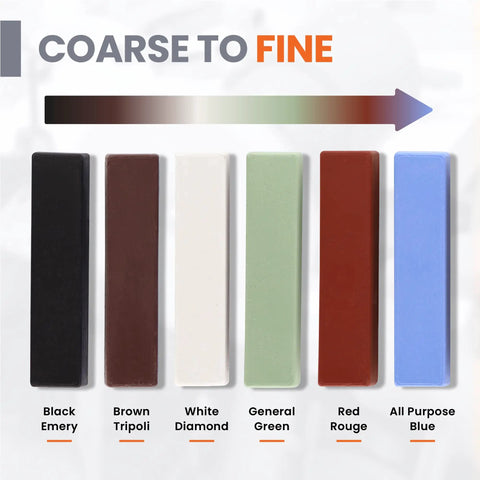 Variety of polishing compounds including White Diamond, arranged from coarse to fine for metal finishing.