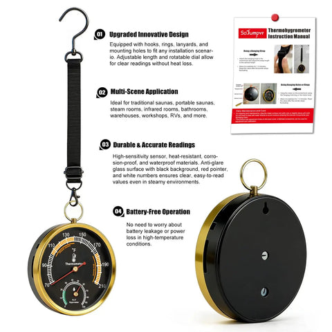 Portable Sauna Thermometer and Hygrometer Combo With Lanyard Mount For Home Steam Sauna No Brainer Temperature and Humidity Monitor Fahrenheit Readings From 68 To 212 Humidity 0 To 100 Percent Easy Hang Ring Design, black and gold dial