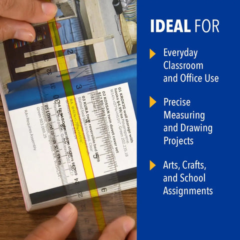 Clean 15 Inch Clear Acrylic Reading Ruler With Tinted Guide For Studying And Drafting Dual Scale Imperial Metric Focus Tool That Straight Up Fixes Eye Strain measuring over printed material.